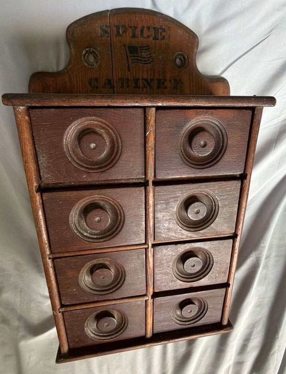 Antique late 19th century 8-Drawer Wooden Wall Hanging Spice Cabinet with Americ